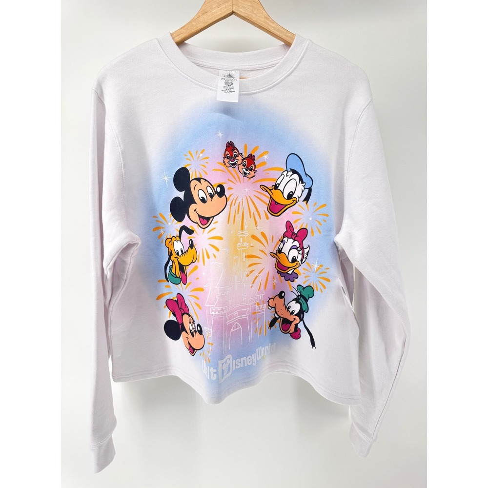 NWT Disney Parks WDW White Crewneck Castle Sweatshirt Mickey Fireworks Size XL